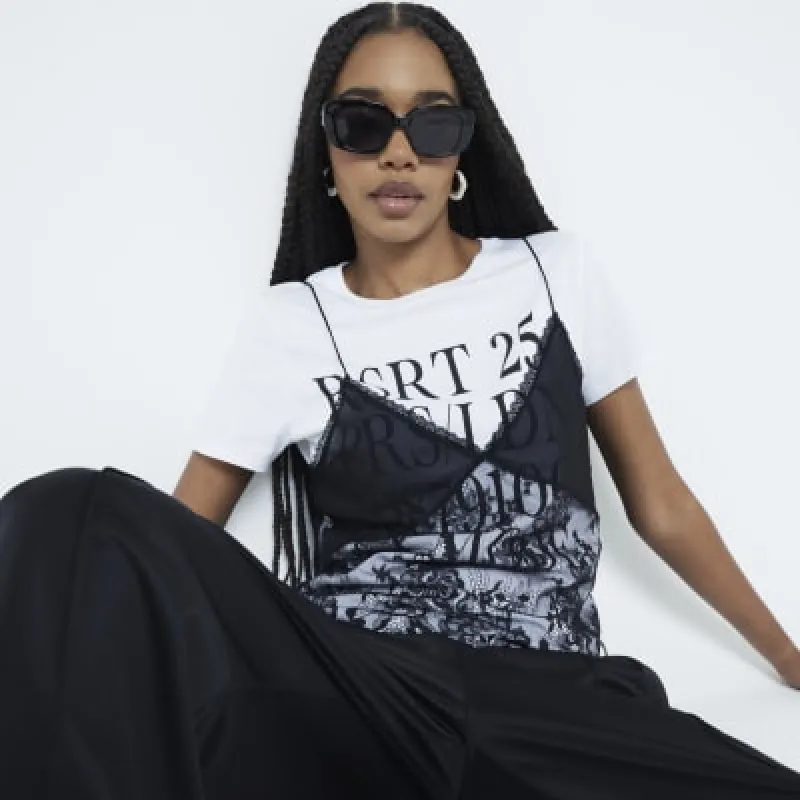 White Lace Cami Layered 2 in 1 T-shirt sold by River Island