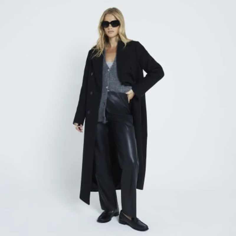 Black Faux Leather Pull On Straight Trousers made by River Island