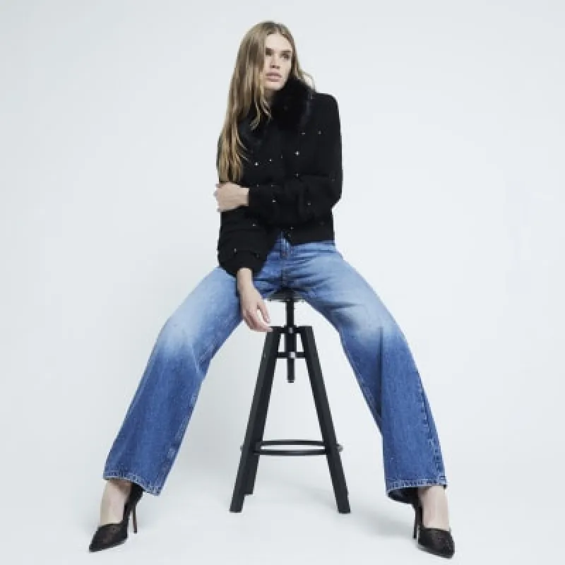 Black Faux Fur Collar Cardigan made by River Island