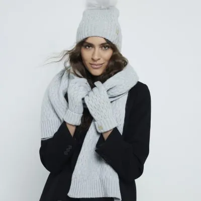 Grey Cable Knit Scarf Hat and Gloves Gift Set sold by River Island