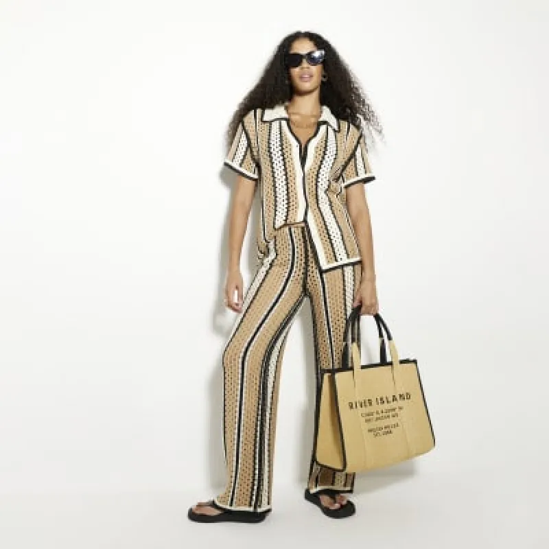 Brown Short Sleeve Striped Crochet Shirt sold by River Island