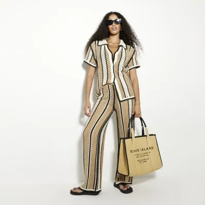Brown Short Sleeve Striped Crochet Shirt sold by River Island