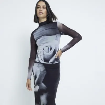 Black Mesh Floral Long Sleeve Top sold by River Island