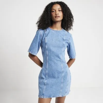 Blue denim seam detail shift mini dress sold by River Island