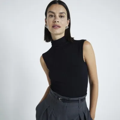 Black sleeveless ribbed roll neck tank sold by River Island
