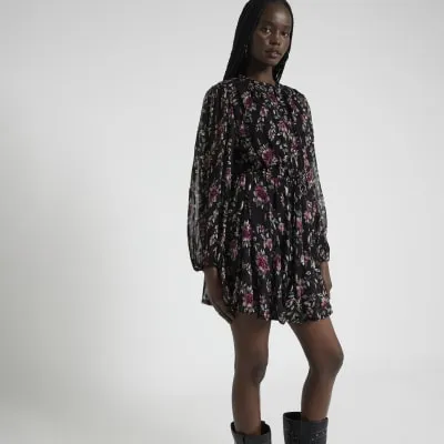 Black Floral Smock Mini Dress sold by River Island