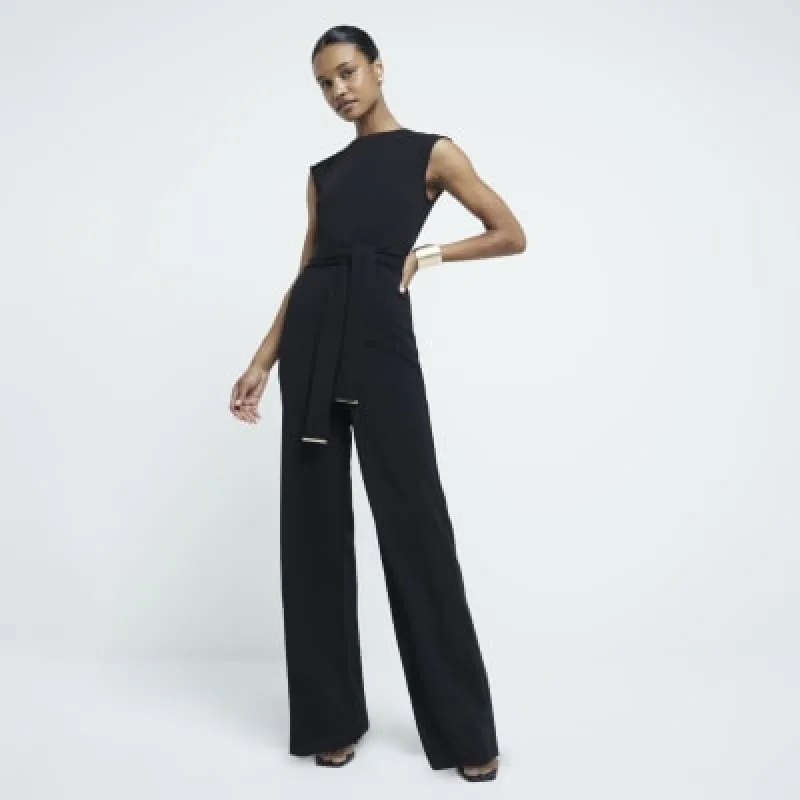 Black Short Sleeved Belted Jumpsuit sold by River Island