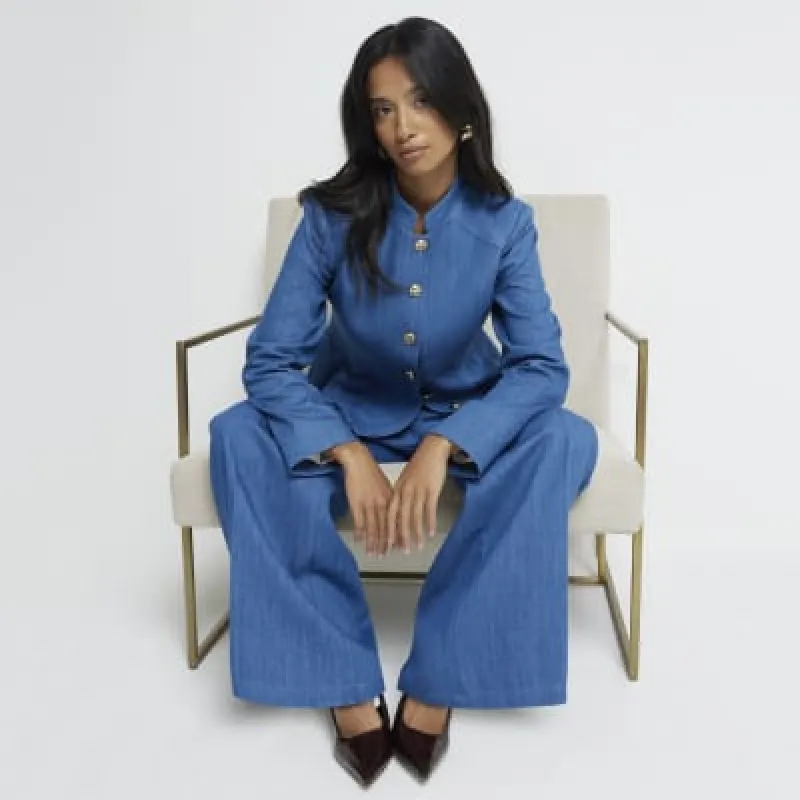 Petite Blue Denim Peplum Button Front Jacket sold by River Island