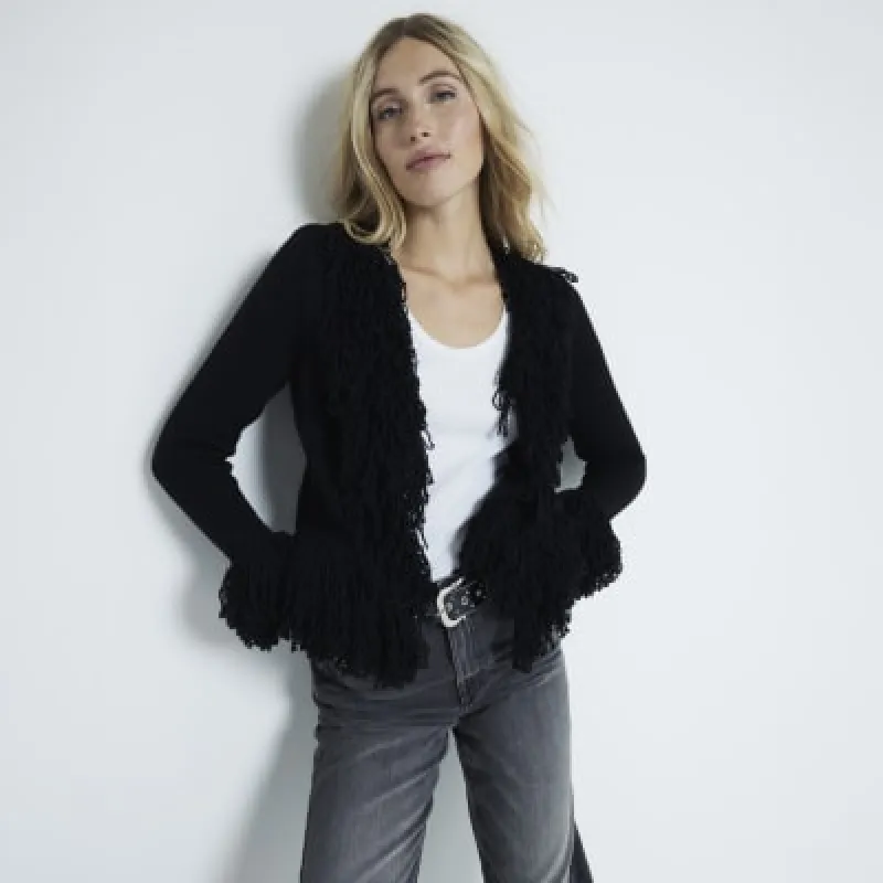Black fringe front cardigan sold by River Island