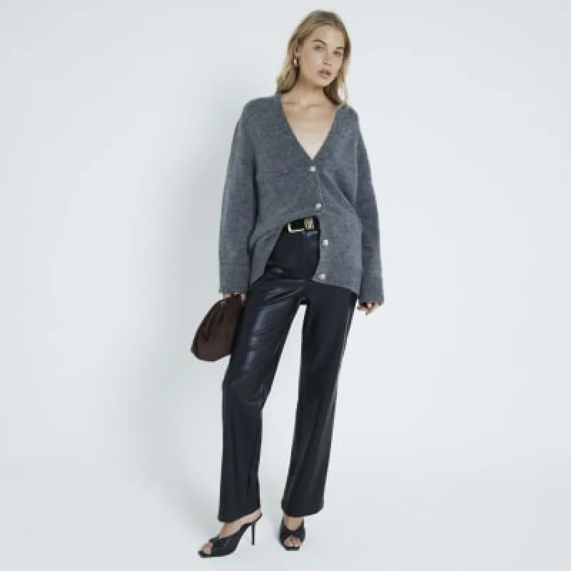 Black faux leather straight leg trousers sold by River Island