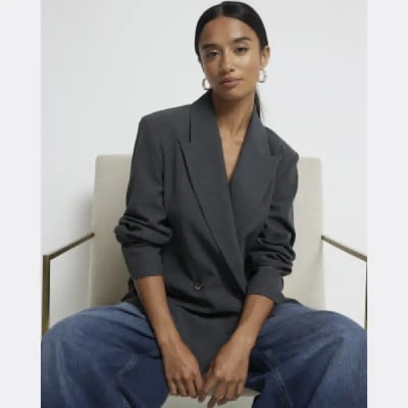 Petite Grey Double Breasted Blazer sold by River Island