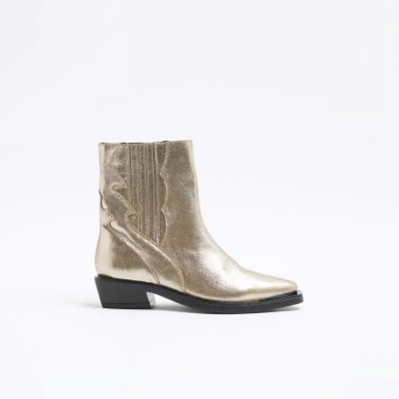 Gold Leather Chelsea Western Ankle Boots sold by River Island