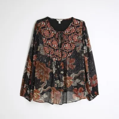 Plus Black long sleeve floral smock top sold by River Island