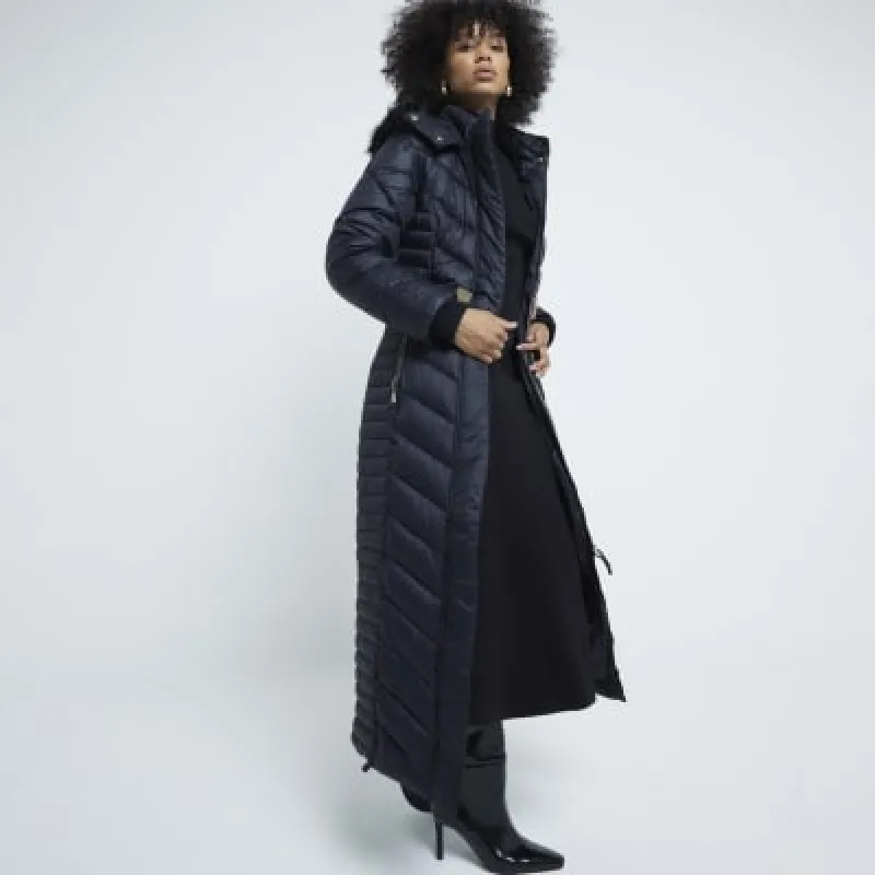 Black Extra Long Hooded Padded Jacket made by River Island