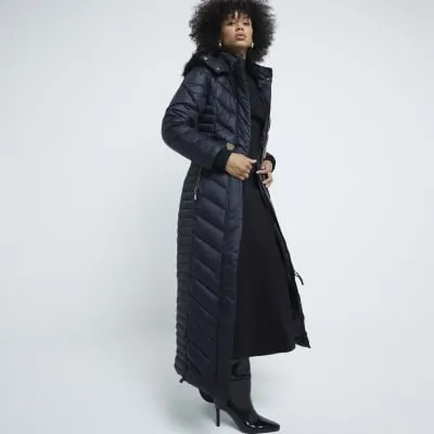 Black Extra Long Hooded Padded Jacket sold by River Island