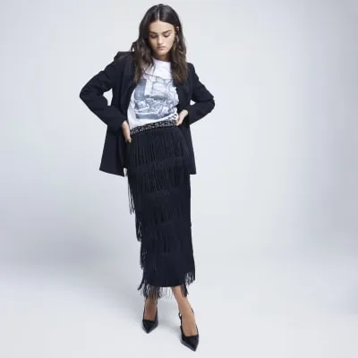 Black Tassel Fringe Midi Skirt sold by River Island