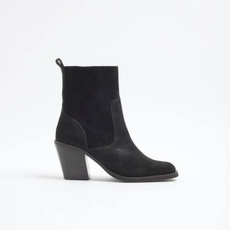 Black Suede Western Heeled Ankle Boots sold by River Island