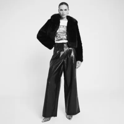 Black Faux Leather Super Wide Leg Trousers sold by River Island