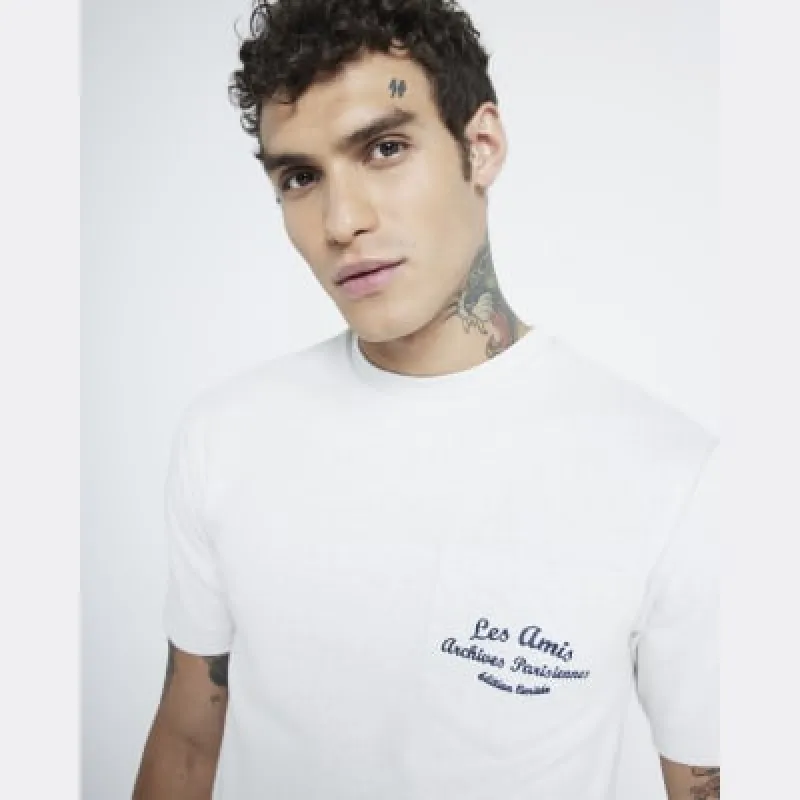 Ecru Muscle Pinstripe Embroidered T-Shirt sold by River Island