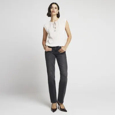 Light Beige Plisse Tie Neck Sleeveless Top sold by River Island