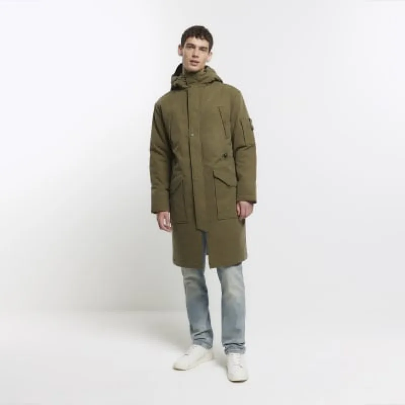 Khaki regular fit utility hooded parka jacket sold by River Island