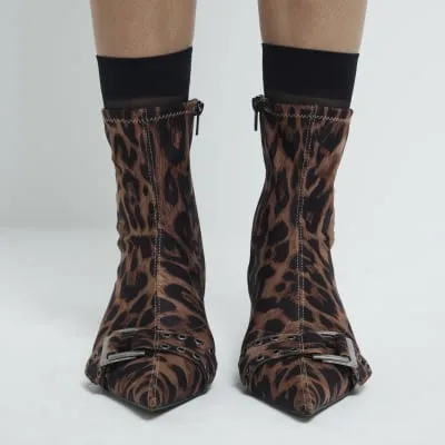 Beige Leopard Buckle Sock Kitten Heel Boots sold by River Island
