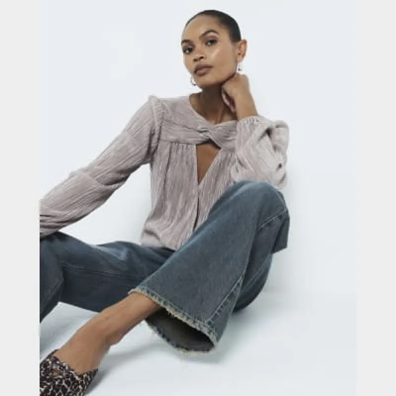 Brown Plisse Bubble Hem Wrap Top sold by River Island