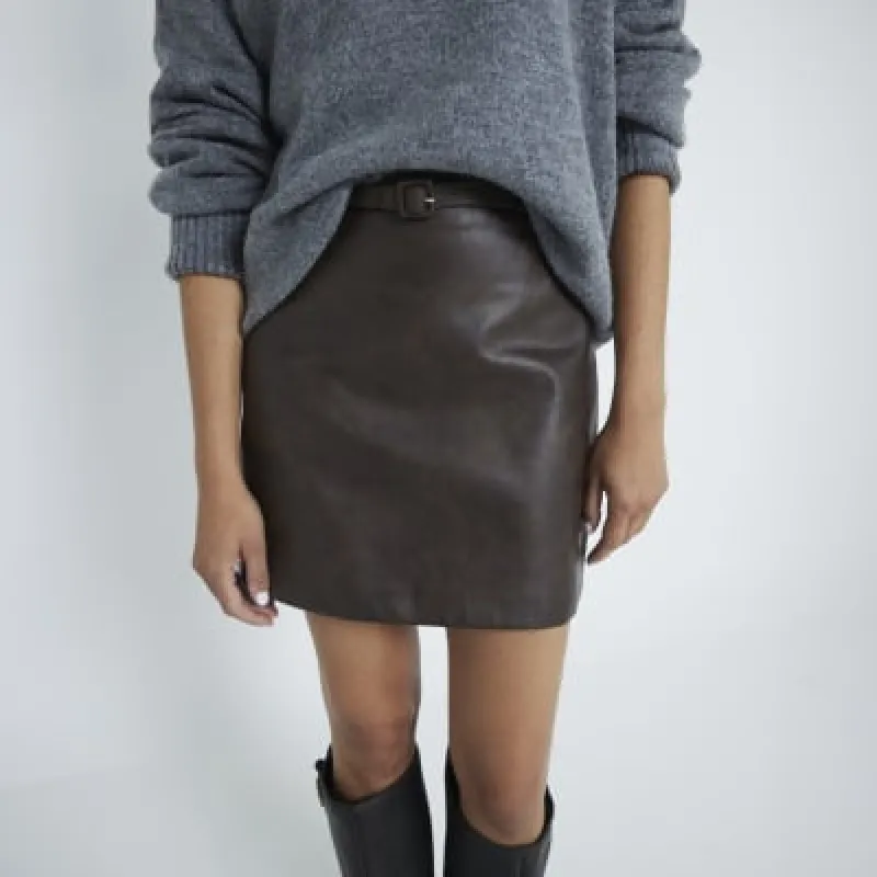 Brown Belted Faux Leather Mini Skirt sold by River Island