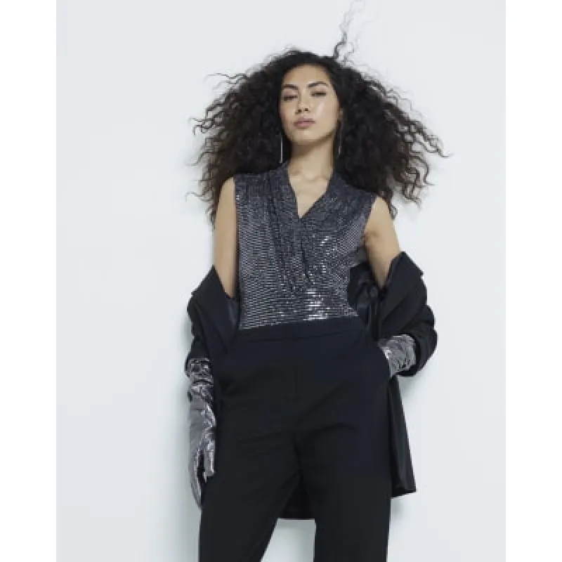 Silver Metallic Wrap Bodysuit sold by River Island