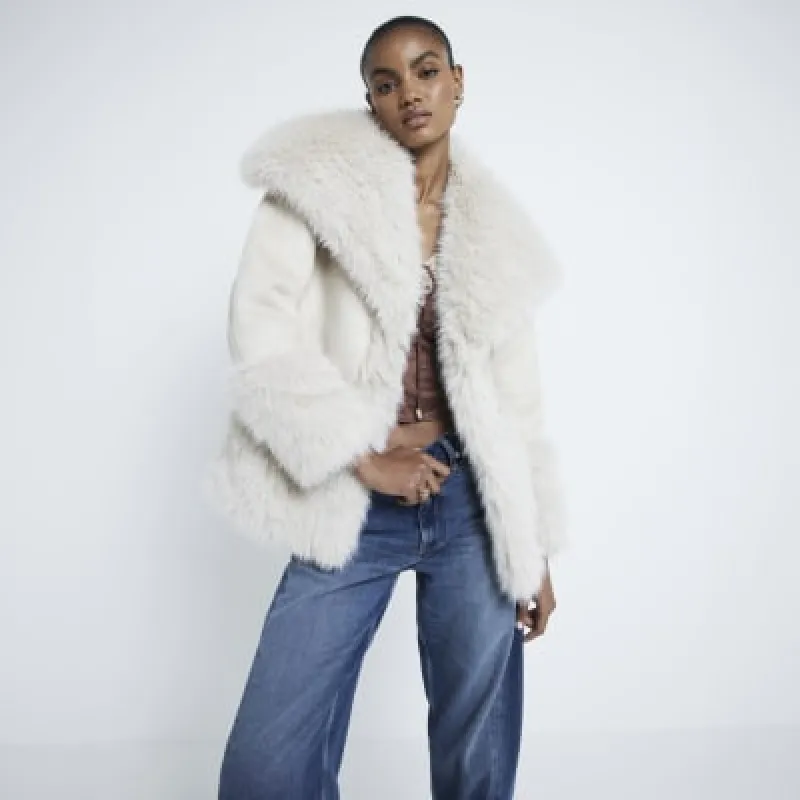 Cream Faux Fur Trim Jacket sold by River Island