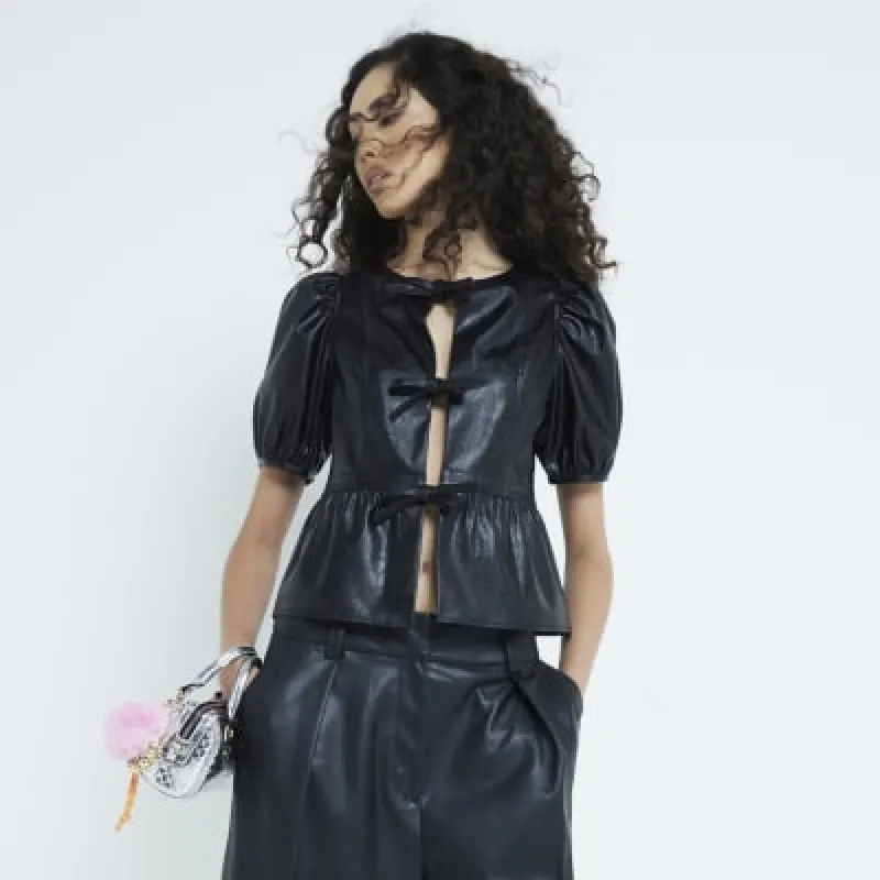 Black Faux Leather Puff Sleeve Tie Top sold by River Island