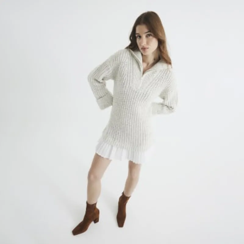 Beige Knit Half Zip Pleated Jumper Mini Dress sold by River Island