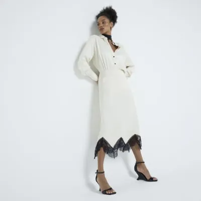 Cream Lace Hem Satin Midi Skirt sold by River Island