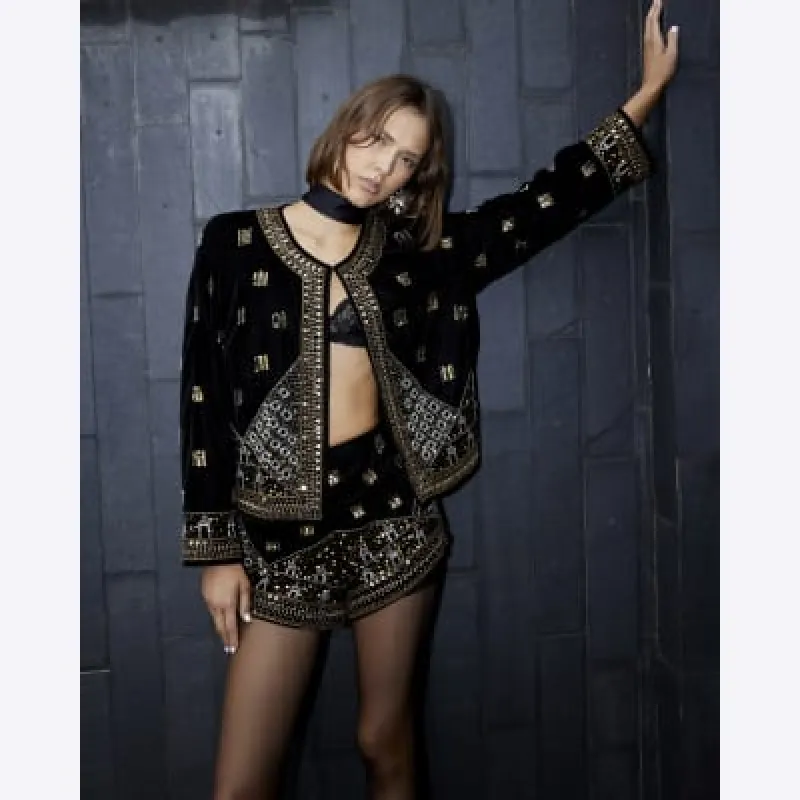 Black Velvet Embellished Trophy Jacket sold by River Island