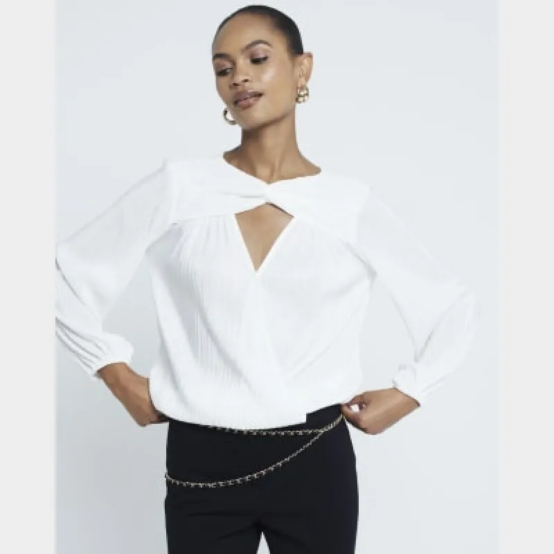 Cream Plisse Bubble Hem Wrap Top sold by River Island
