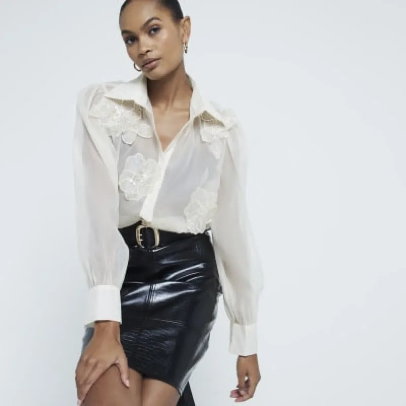 Cream Floral Applique Long Sleeve Sheer Shirt sold by River Island