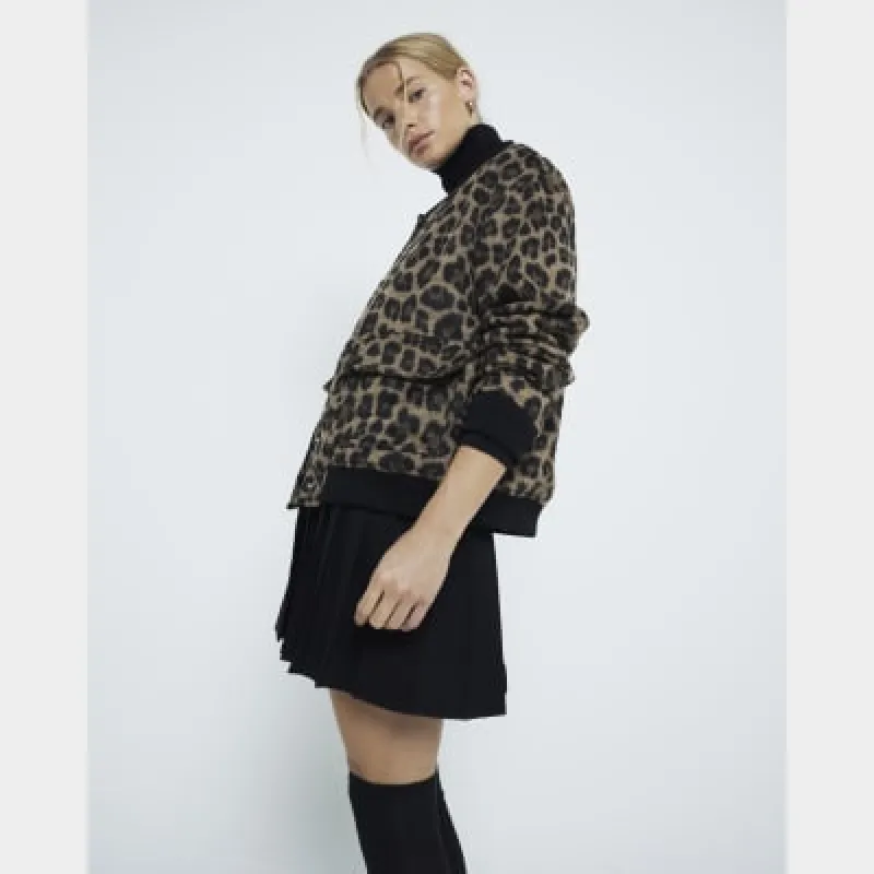 Brown Leopard Print Bomber Jacket sold by River Island