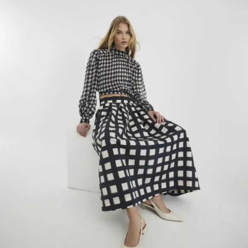 Black Check Print Midi Skirt sold by River Island