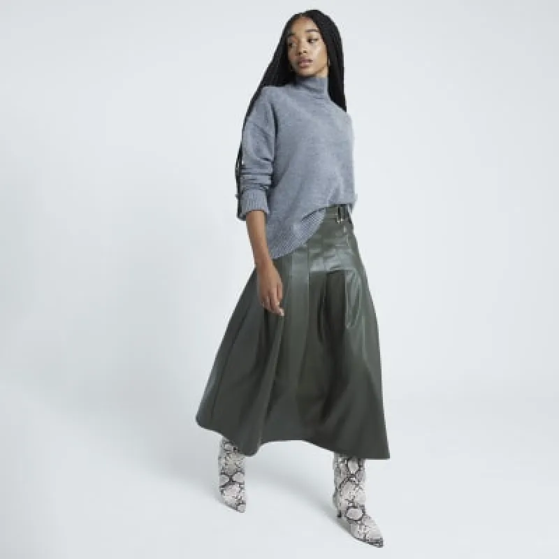 Green faux leather pleated midi skirt sold by River Island