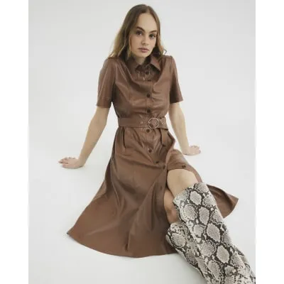 Brown Faux Leather Shirt Midi Dress sold by River Island