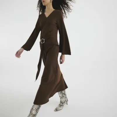 Brown Long Sleeved Tie Waist Midi Dress sold by River Island