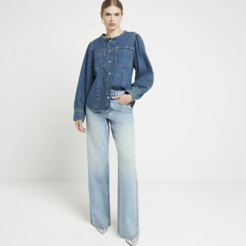 Blue high waisted relaxed straight jeans sold by River Island
