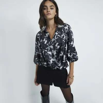 Black floral print wrap shirt sold by River Island