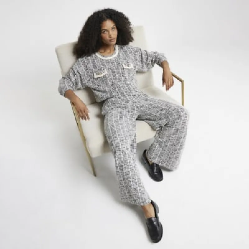 Black Check Boucle Wide Leg Trouser sold by River Island