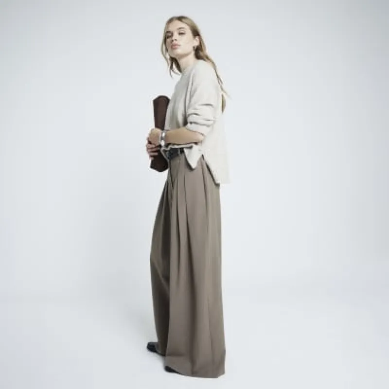 Beige Double Belted Wide Leg Trousers sold by River Island