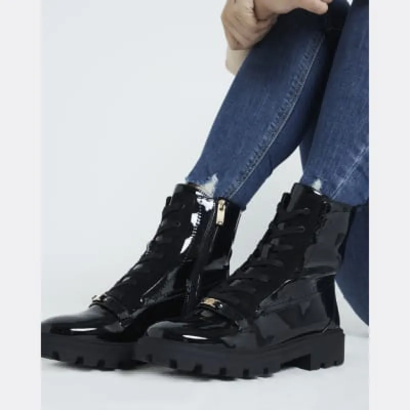 Black Patent Wide fit Lace Up Boots sold by River Island