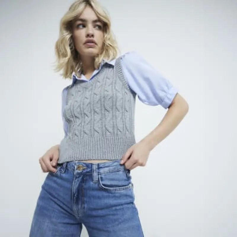 Grey Knit Blouse Hybrid Shirt sold by River Island