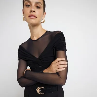 Black Mesh Long sleeve Bodysuit sold by River Island