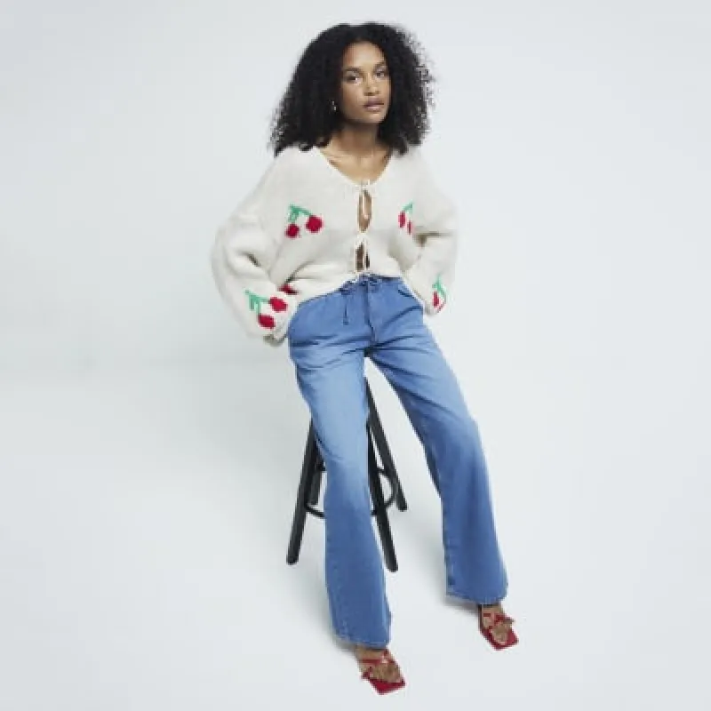 Blue Mid Rise Wide Leg drawstring jeans sold by River Island