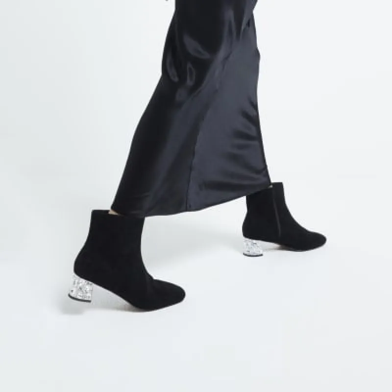 Black Suedette Diamante Block Heeled Boots sold by River Island